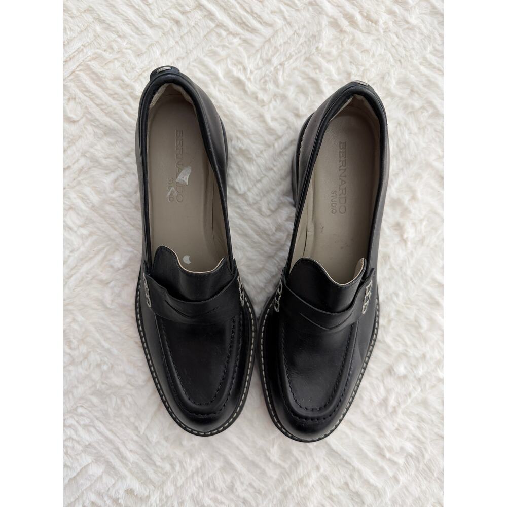 Bernardo Selma Black Leather Lug Sole Penny Loafers Chunky Stacked Heel Academia - Picture 3 of 7